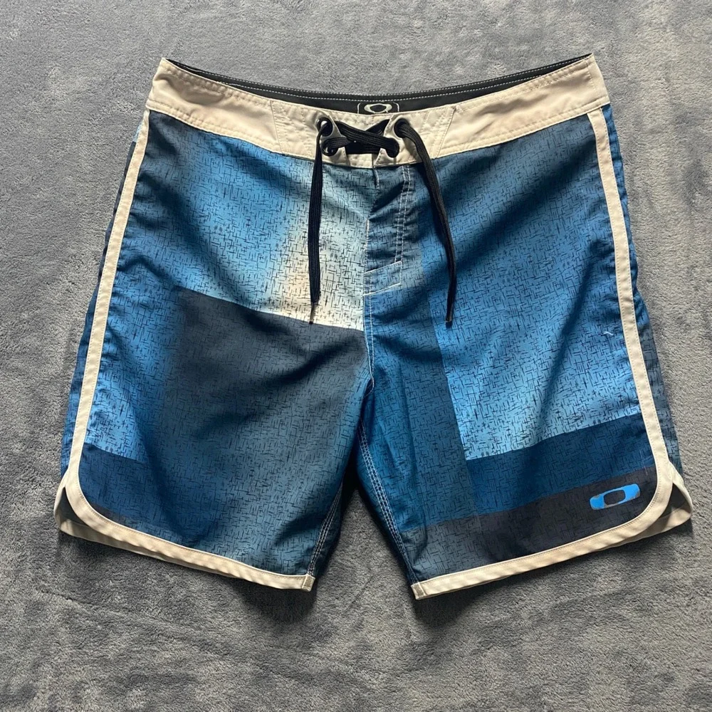 Oakley Board Shorts Mens Size 36 Blue Geometric Swim Trunks Vintage Spring 2015